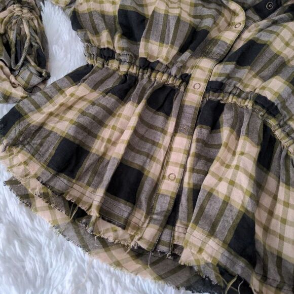 Free People We The Free Plaid Wool Top Button Front Green Distressed Size S - Picture 5 of 10